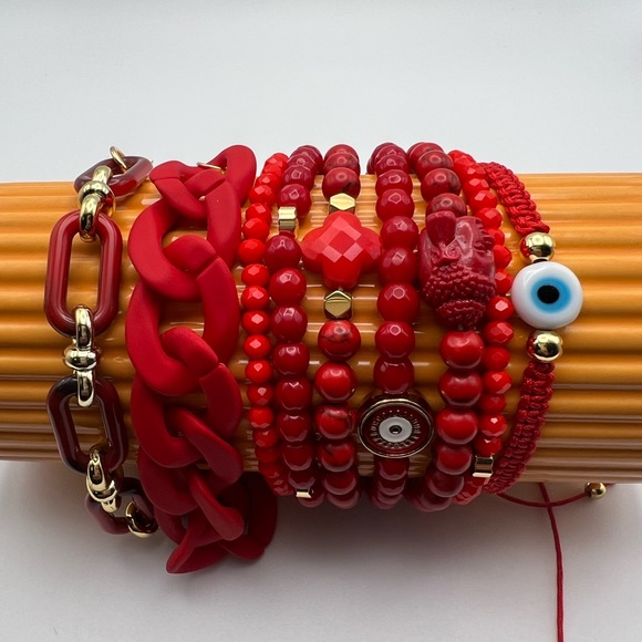 Evening Red Trendy Beaded Bracelet Set - Stylish Fashionable Bead Bracelets - Picture 9 of 15